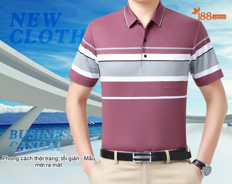 Áo Polo Nam Sọc Ngang Chất Lụa Tằm Cao Cấp Mùa Hè Màu Xanh, Nâu, Trắng, Tím chi tiết 1