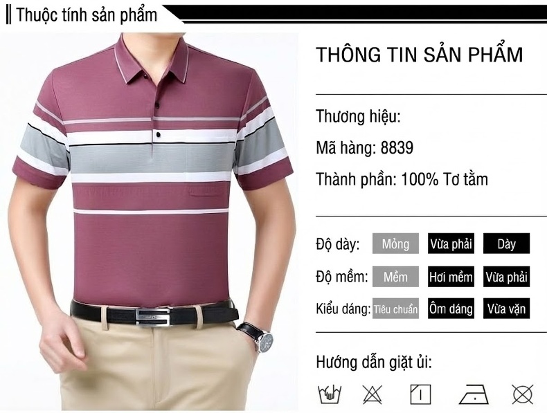 Áo Polo Nam Sọc Ngang Chất Lụa Tằm Cao Cấp Mùa Hè Màu Xanh, Nâu, Trắng, Tím chi tiết 6