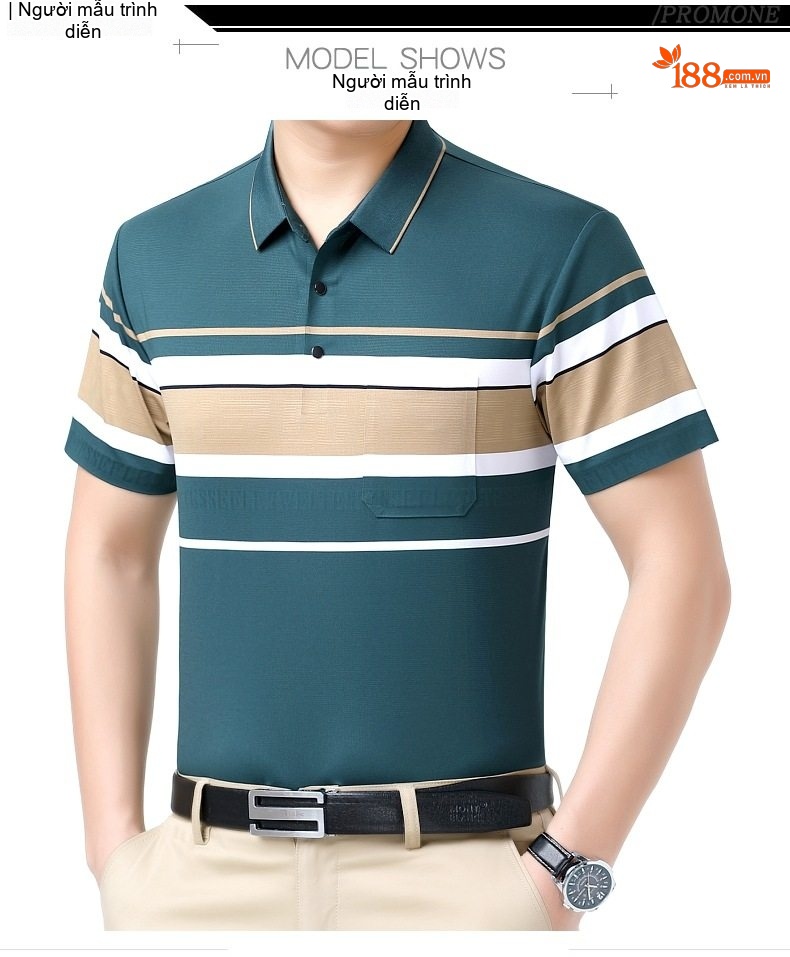 Áo Polo Nam Sọc Ngang Chất Lụa Tằm Cao Cấp Mùa Hè Màu Xanh, Nâu, Trắng, Tím chi tiết 8