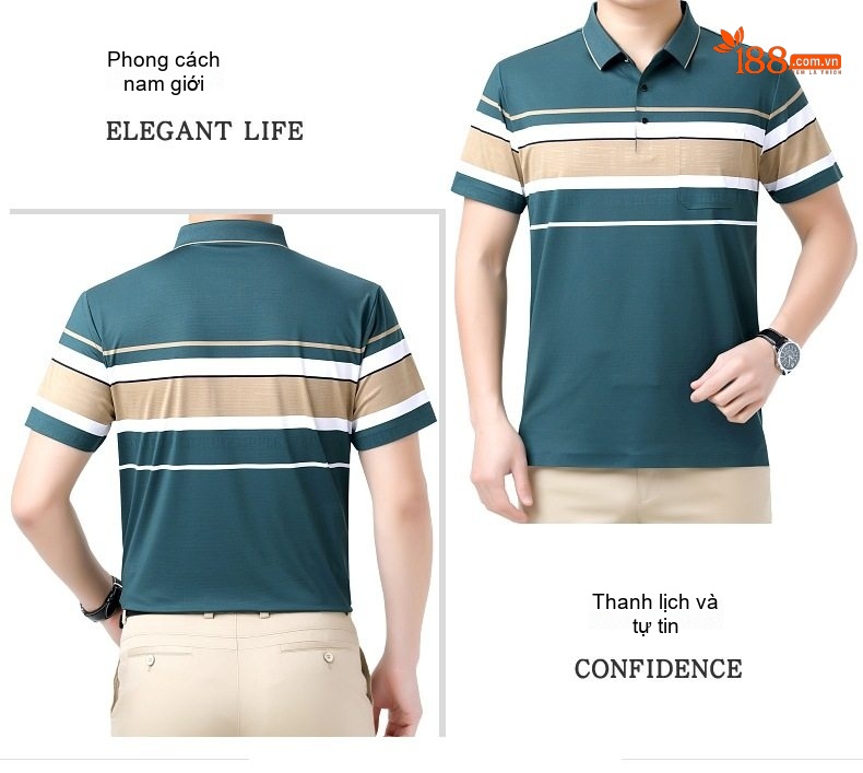 Áo Polo Nam Sọc Ngang Chất Lụa Tằm Cao Cấp Mùa Hè Màu Xanh, Nâu, Trắng, Tím chi tiết 11