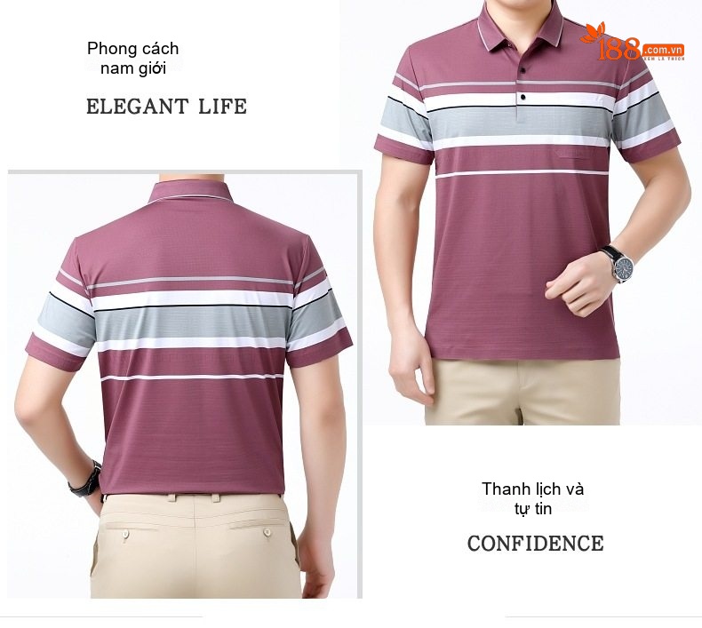 Áo Polo Nam Sọc Ngang Chất Lụa Tằm Cao Cấp Mùa Hè Màu Xanh, Nâu, Trắng, Tím chi tiết 15