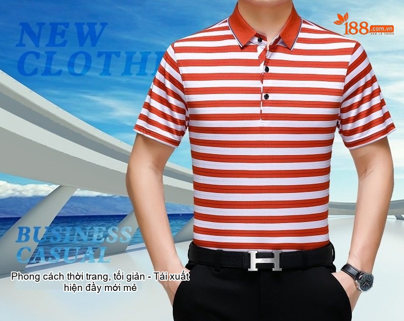 Áo Polo Nam Sọc Ngang Lụa Tằm Tơ Mềm Mại Thoáng Mát Màu Xanh Navy, Đỏ, Xanh Lá, Đỏ Cam... chi tiết 1