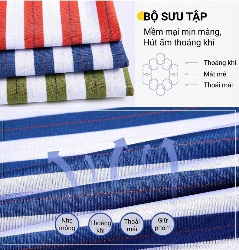 Áo Polo Nam Sọc Ngang Lụa Tằm Tơ Mềm Mại Thoáng Mát Màu Xanh Navy, Đỏ, Xanh Lá, Đỏ Cam... chi tiết 3