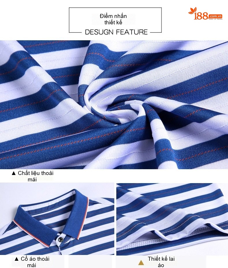 Áo Polo Nam Sọc Ngang Lụa Tằm Tơ Mềm Mại Thoáng Mát Màu Xanh Navy, Đỏ, Xanh Lá, Đỏ Cam... chi tiết 5