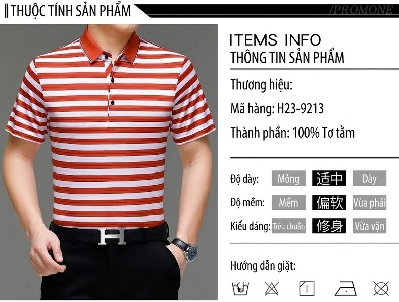 Áo Polo Nam Sọc Ngang Lụa Tằm Tơ Mềm Mại Thoáng Mát Màu Xanh Navy, Đỏ, Xanh Lá, Đỏ Cam... chi tiết 6