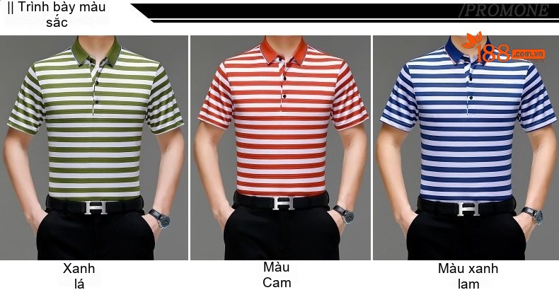 Áo Polo Nam Sọc Ngang Lụa Tằm Tơ Mềm Mại Thoáng Mát Màu Xanh Navy, Đỏ, Xanh Lá, Đỏ Cam... chi tiết 7