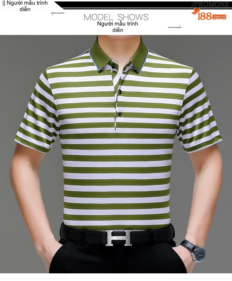 Áo Polo Nam Sọc Ngang Lụa Tằm Tơ Mềm Mại Thoáng Mát Màu Xanh Navy, Đỏ, Xanh Lá, Đỏ Cam... chi tiết 8