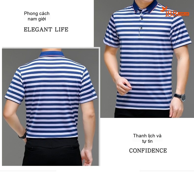 Áo Polo Nam Sọc Ngang Lụa Tằm Tơ Mềm Mại Thoáng Mát Màu Xanh Navy, Đỏ, Xanh Lá, Đỏ Cam... chi tiết 19
