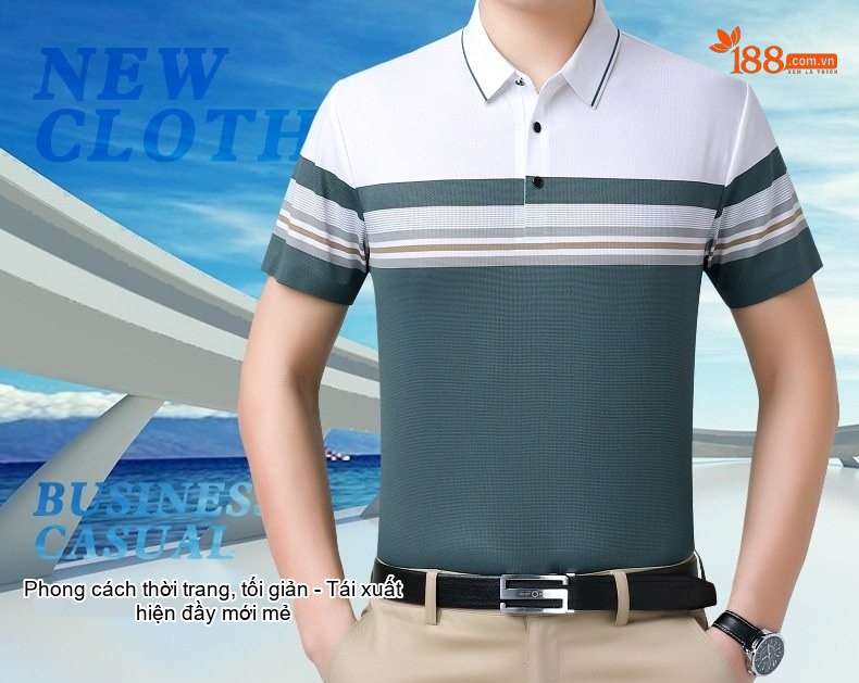 Áo Polo Nam Sọc Ngang Tay Ngắn Cotton Lụa Chống Nhăn Màu Trắng, Xanh Navy, Xanh Rêu, Xám... chi tiết 1