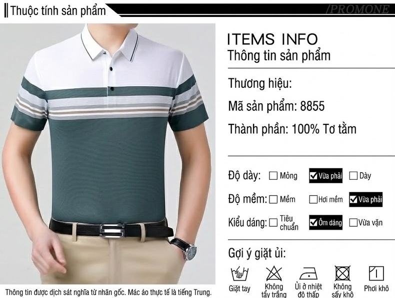 Áo Polo Nam Sọc Ngang Tay Ngắn Cotton Lụa Chống Nhăn Màu Trắng, Xanh Navy, Xanh Rêu, Xám... chi tiết 6