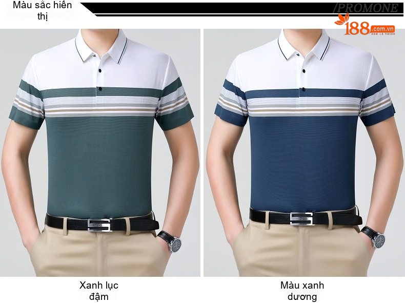 Áo Polo Nam Sọc Ngang Tay Ngắn Cotton Lụa Chống Nhăn Màu Trắng, Xanh Navy, Xanh Rêu, Xám... chi tiết 7