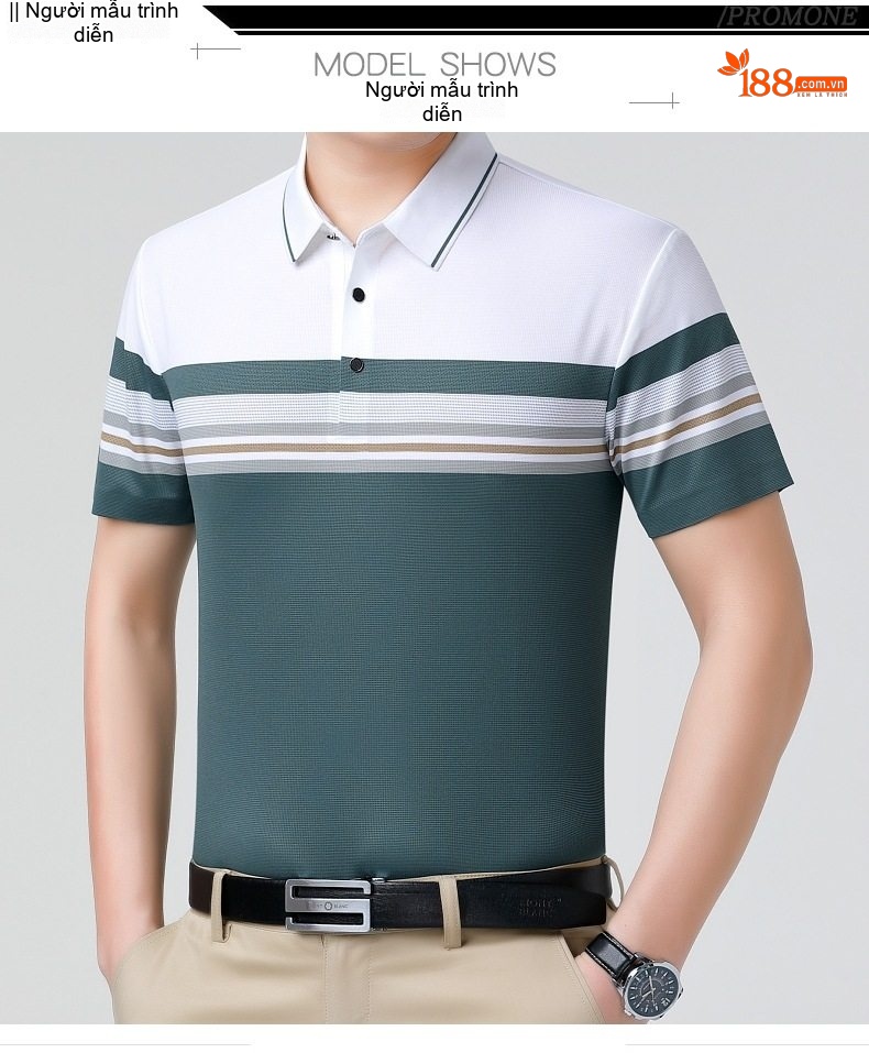 Áo Polo Nam Sọc Ngang Tay Ngắn Cotton Lụa Chống Nhăn Màu Trắng, Xanh Navy, Xanh Rêu, Xám... chi tiết 8