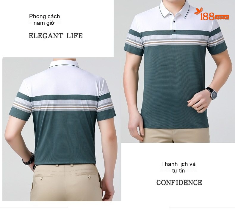 Áo Polo Nam Sọc Ngang Tay Ngắn Cotton Lụa Chống Nhăn Màu Trắng, Xanh Navy, Xanh Rêu, Xám... chi tiết 11