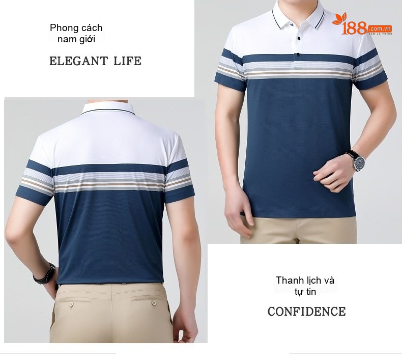 Áo Polo Nam Sọc Ngang Tay Ngắn Cotton Lụa Chống Nhăn Màu Trắng, Xanh Navy, Xanh Rêu, Xám... chi tiết 15