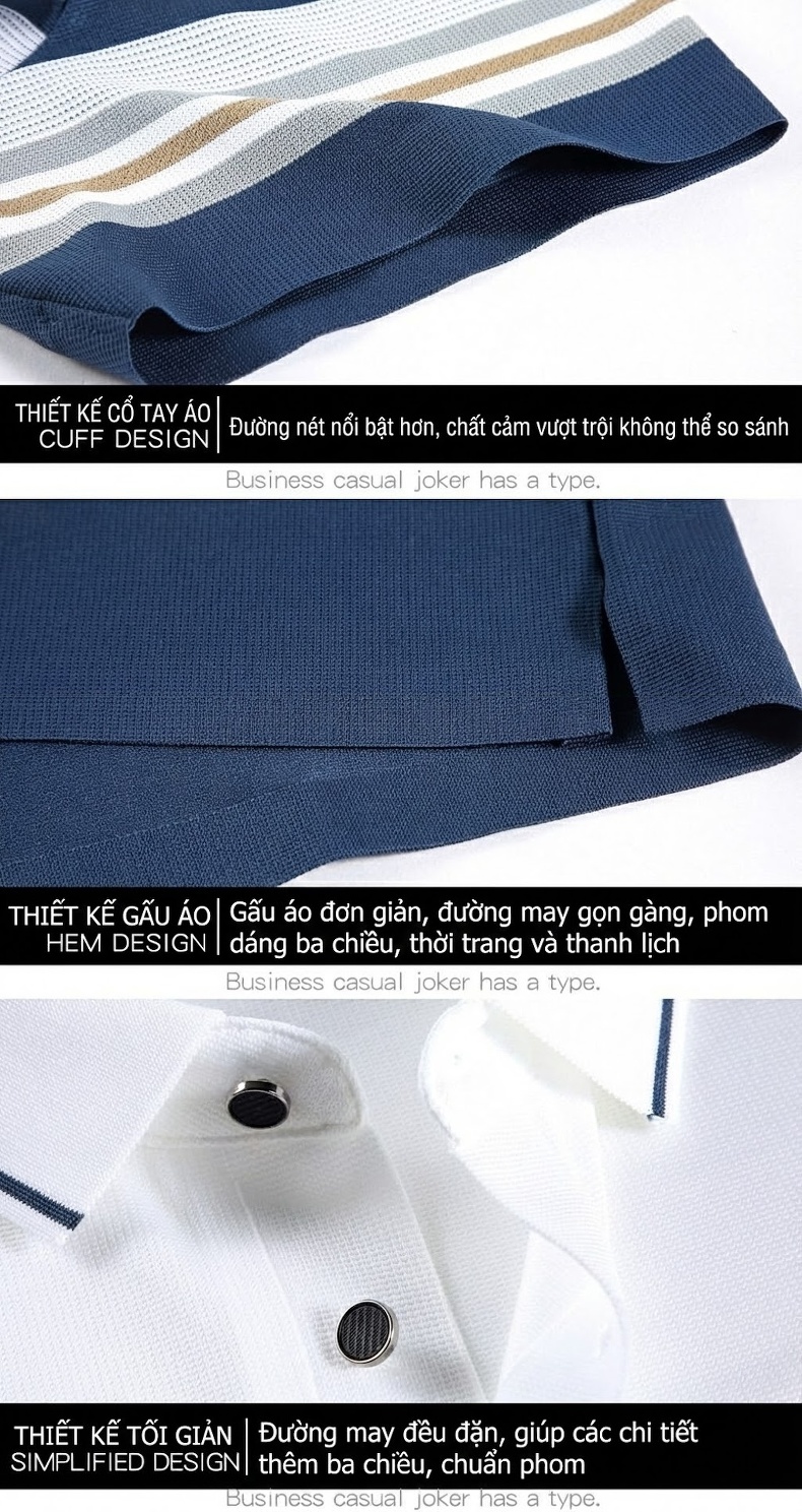 Áo Polo Nam Sọc Ngang Tay Ngắn Cotton Lụa Chống Nhăn Màu Trắng, Xanh Navy, Xanh Rêu, Xám... chi tiết 19