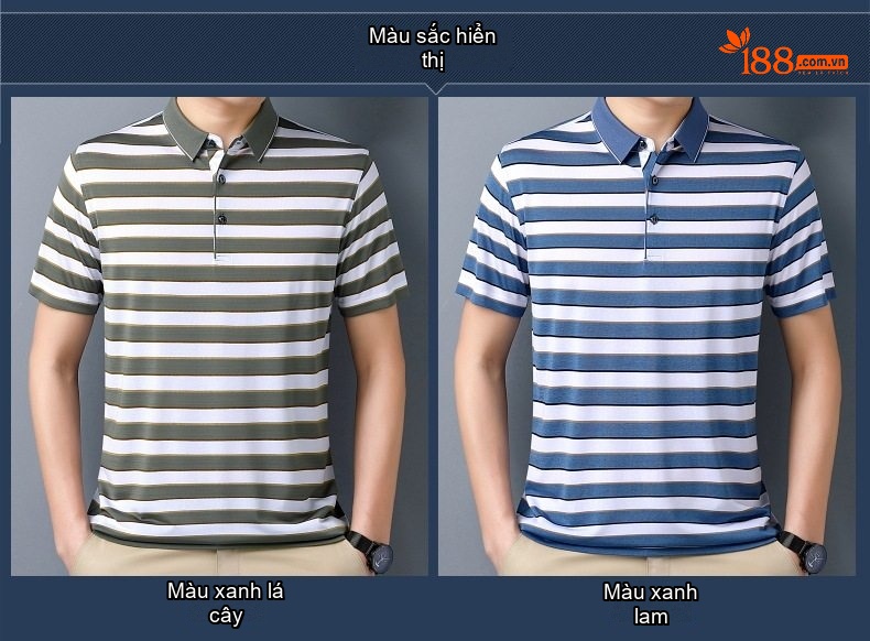 Áo Polo Nam Sọc Ngang Tay Ngắn Lụa Tơ Tằm Cao Cấp Phong Cách Trung Niên Màu Xanh Dương, Xanh Rêu chi tiết 4