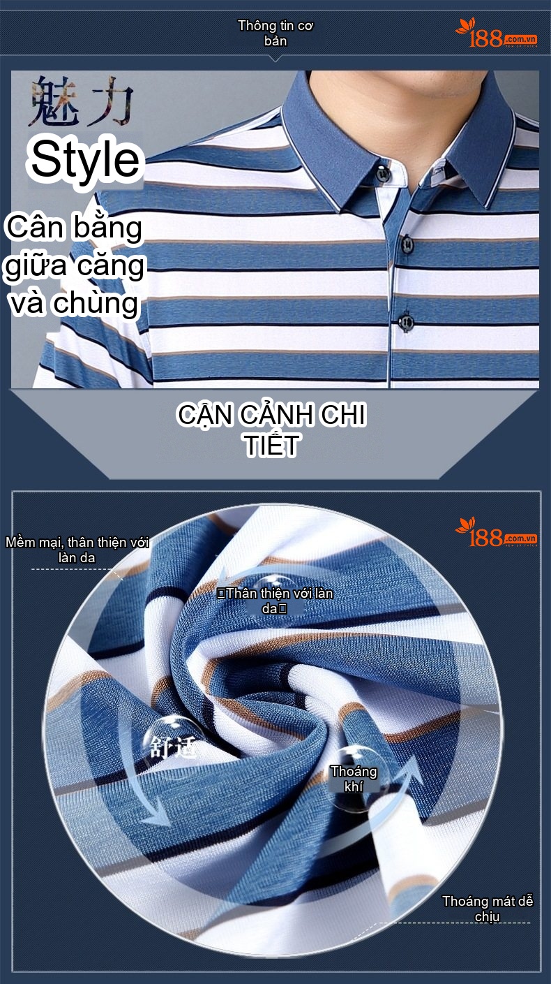 Áo Polo Nam Sọc Ngang Tay Ngắn Lụa Tơ Tằm Cao Cấp Phong Cách Trung Niên Màu Xanh Dương, Xanh Rêu chi tiết 2