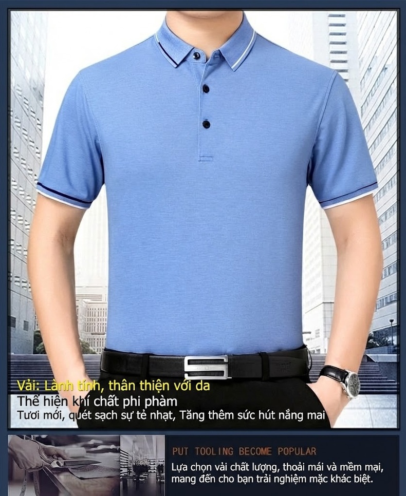 Áo Polo Nam Sợi Tằm Mỏng Mát Form Rộng Cổ Bẻ Màu Xanh Da Trời, Kem, Xanh Lá, Xanh Navy... chi tiết 1