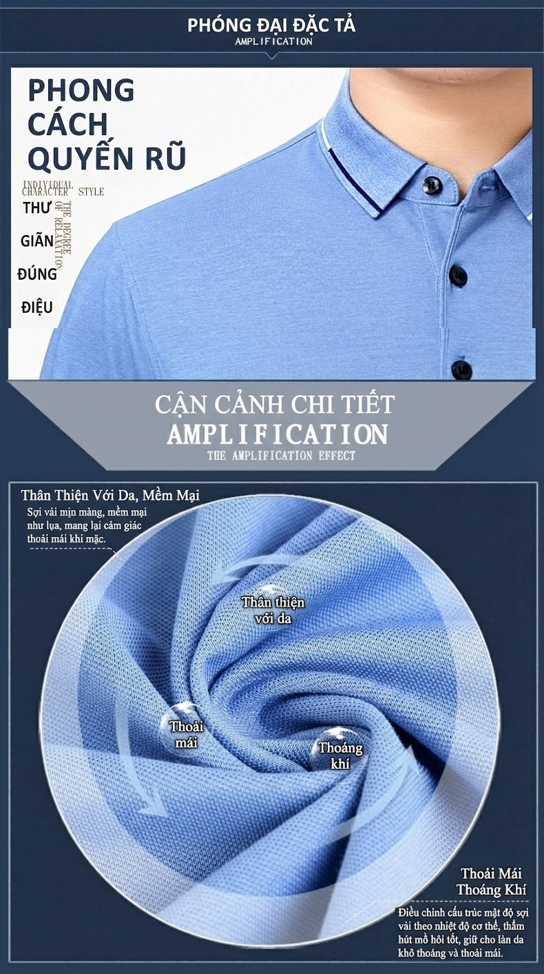 Áo Polo Nam Sợi Tằm Mỏng Mát Form Rộng Cổ Bẻ Màu Xanh Da Trời, Kem, Xanh Lá, Xanh Navy... chi tiết 2