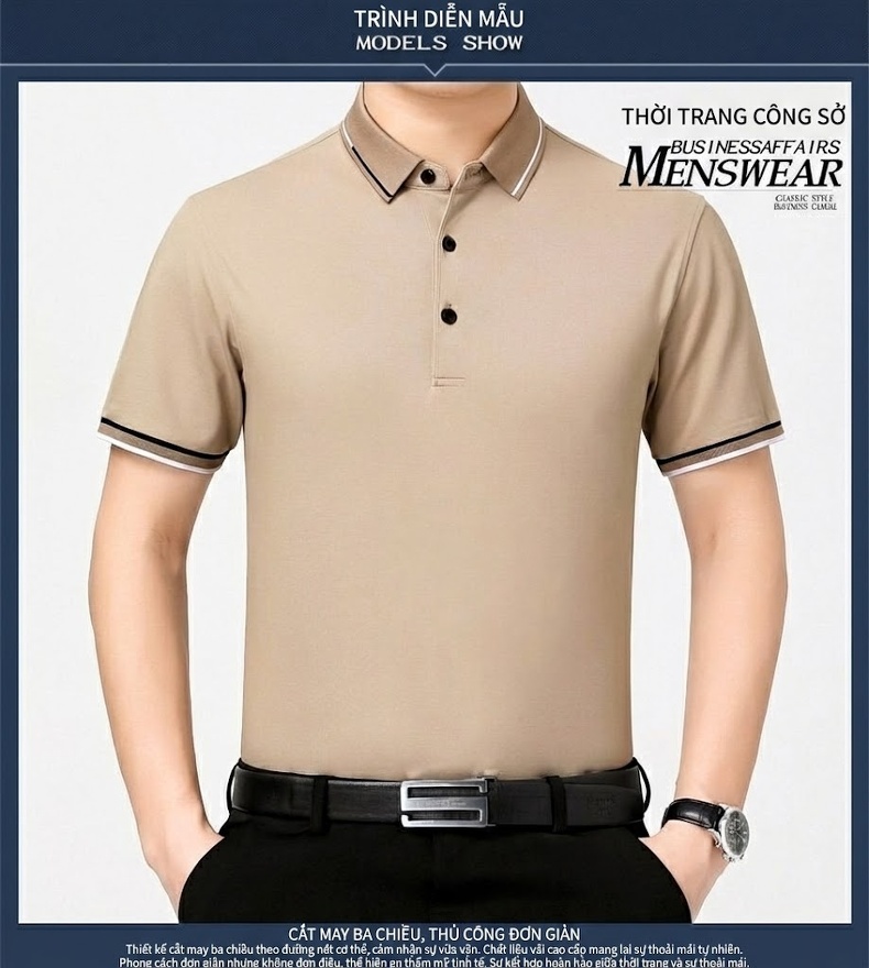 Áo Polo Nam Sợi Tằm Mỏng Mát Form Rộng Cổ Bẻ Màu Xanh Da Trời, Kem, Xanh Lá, Xanh Navy... chi tiết 4