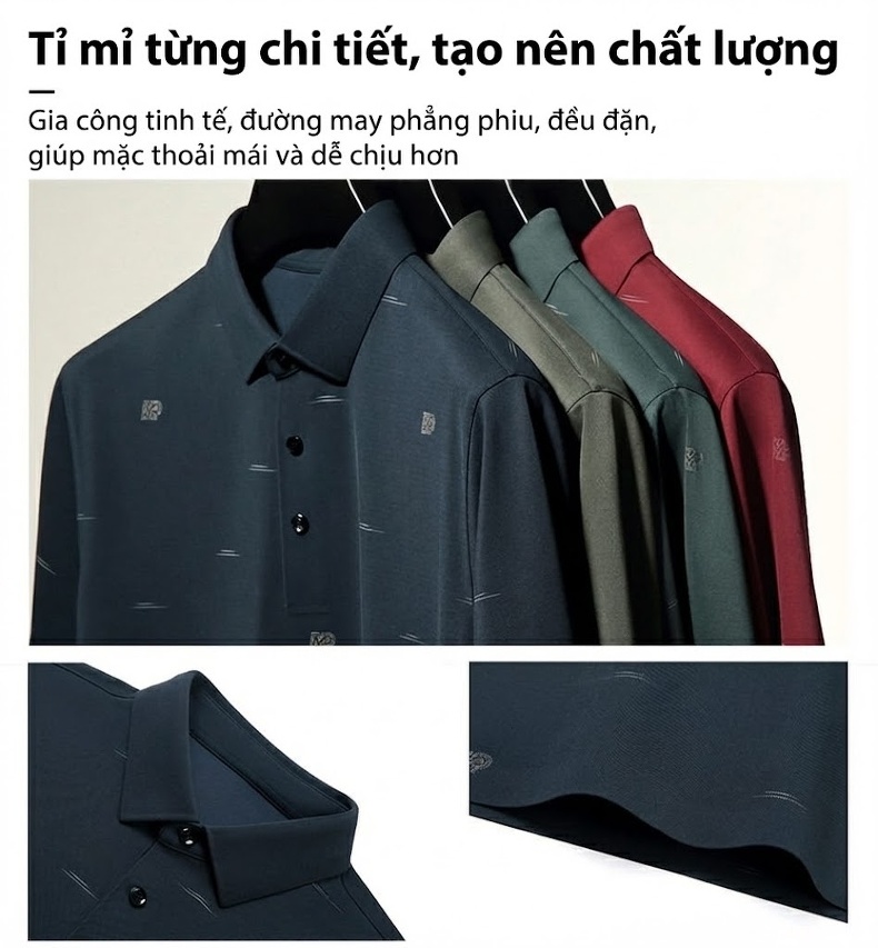 Áo Polo Nam Sợi Tơ Tằm Mát Lạnh Chống Nhăn Phong Cách Trung Niên Màu Xanh Đậm, Xanh Rêu, Đỏ chi tiết 4