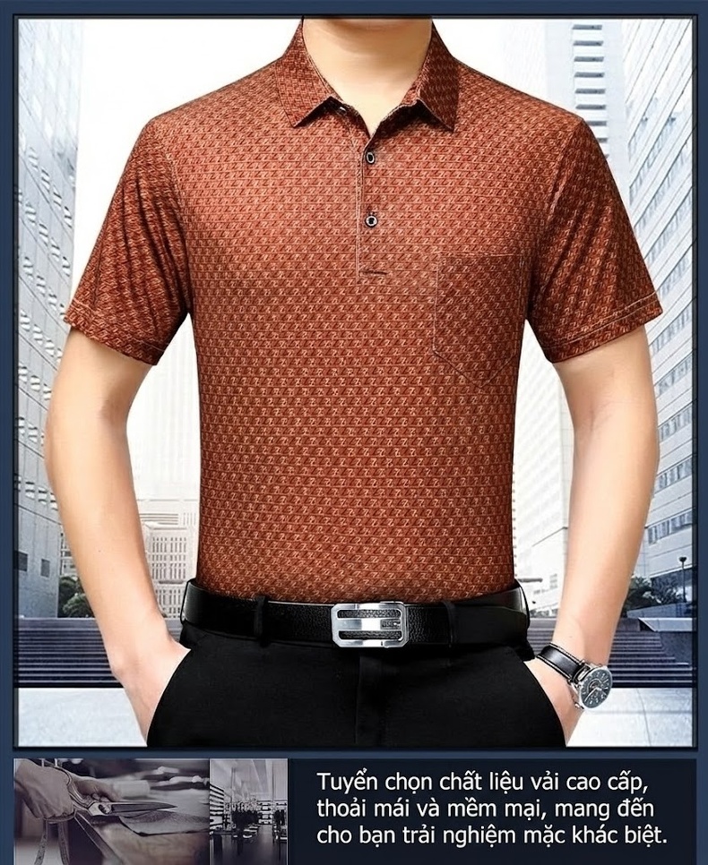 Áo Polo Nam Sợi Tơ Tằm Mùa Hè Form Rộng Trung Niên Có Túi Màu Tím, Xanh, Nâu chi tiết 1