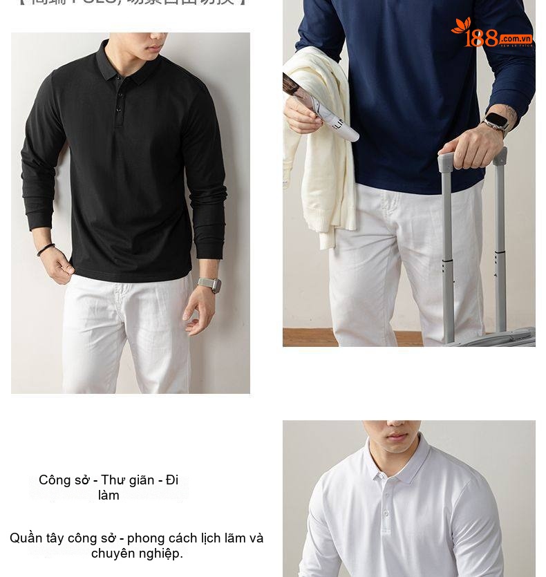 Áo Polo Nam Tay Dài Cotton Sợi Mercerized Cao Cấp Màu Đen, Trắng, Xanh Navy, Xám... chi tiết 5