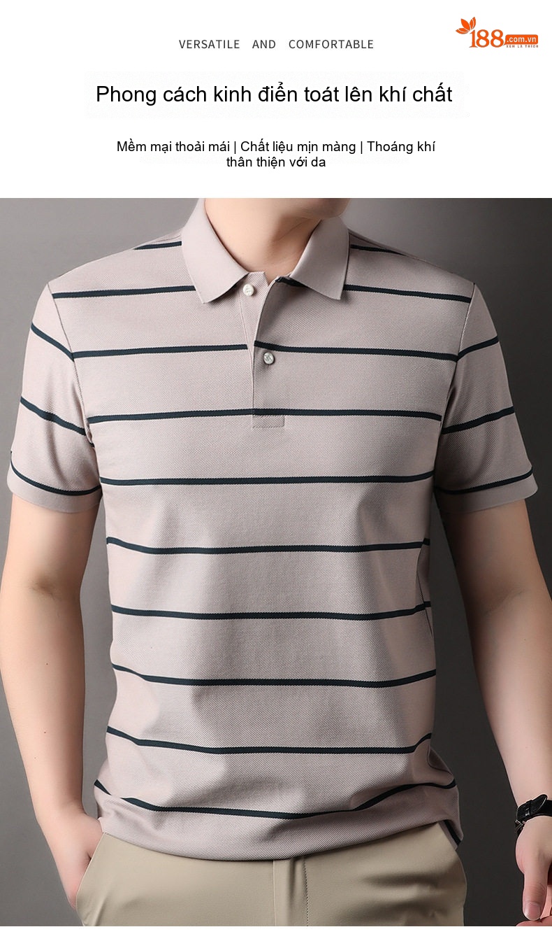 Áo Polo Nam Tay Ngắn Cotton 100 Kẻ Sọc Màu Xám, Xanh Navy, Cam, Xanh Lá... chi tiết 1