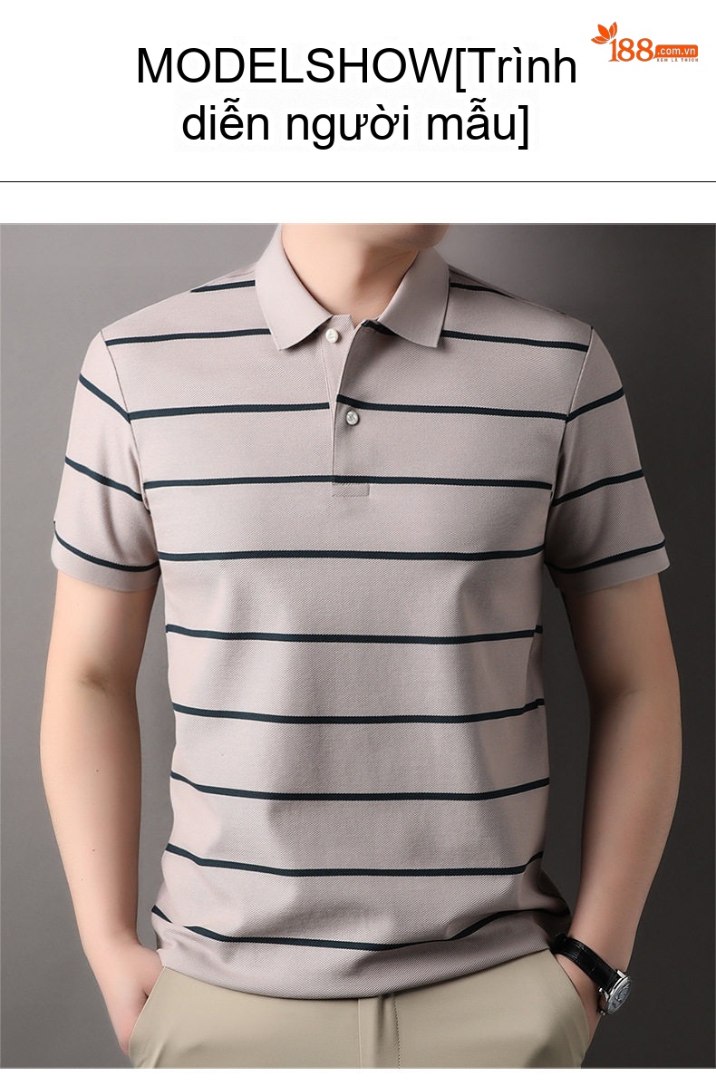 Áo Polo Nam Tay Ngắn Cotton 100 Kẻ Sọc Màu Xám, Xanh Navy, Cam, Xanh Lá... chi tiết 4