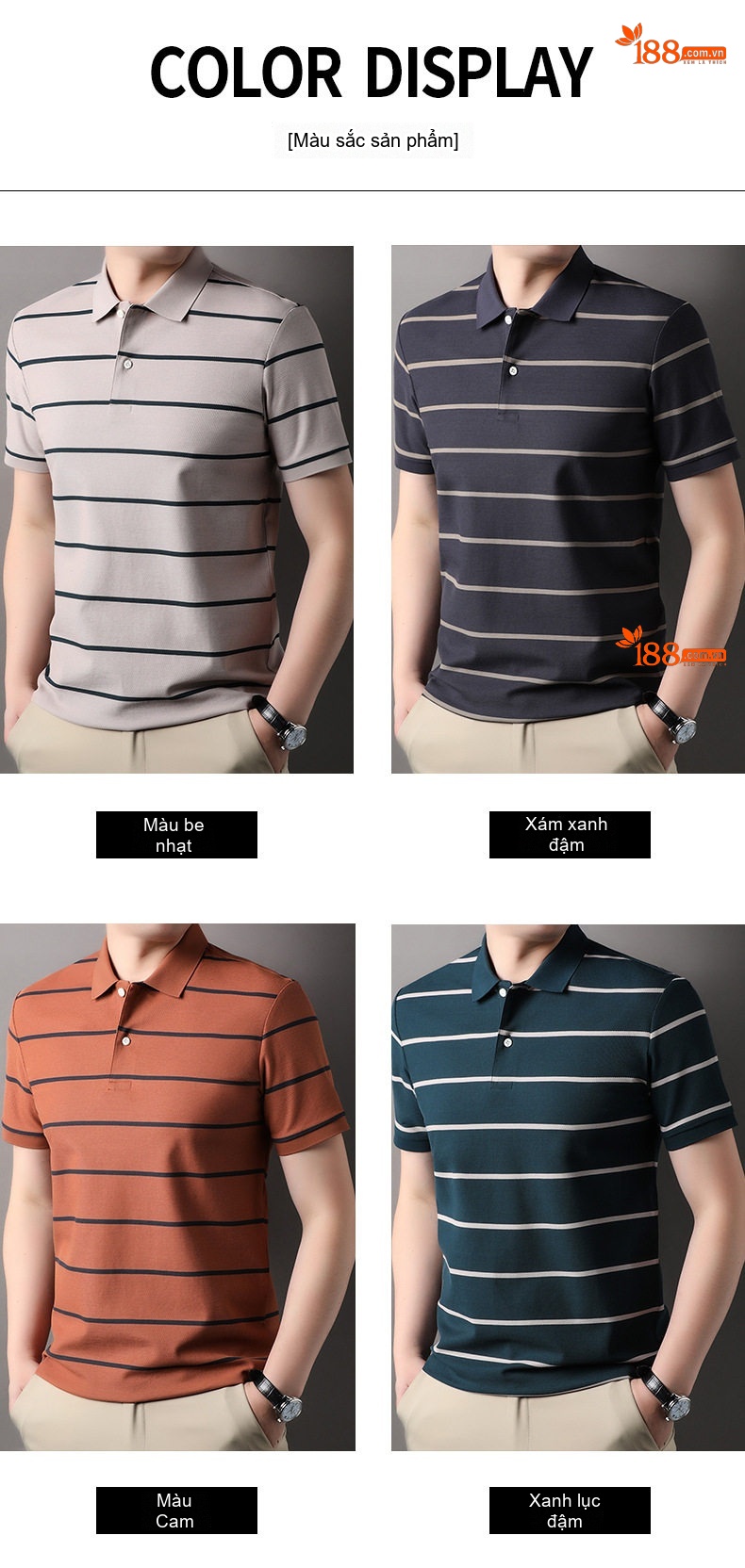 Áo Polo Nam Tay Ngắn Cotton 100 Kẻ Sọc Màu Xám, Xanh Navy, Cam, Xanh Lá... chi tiết 3