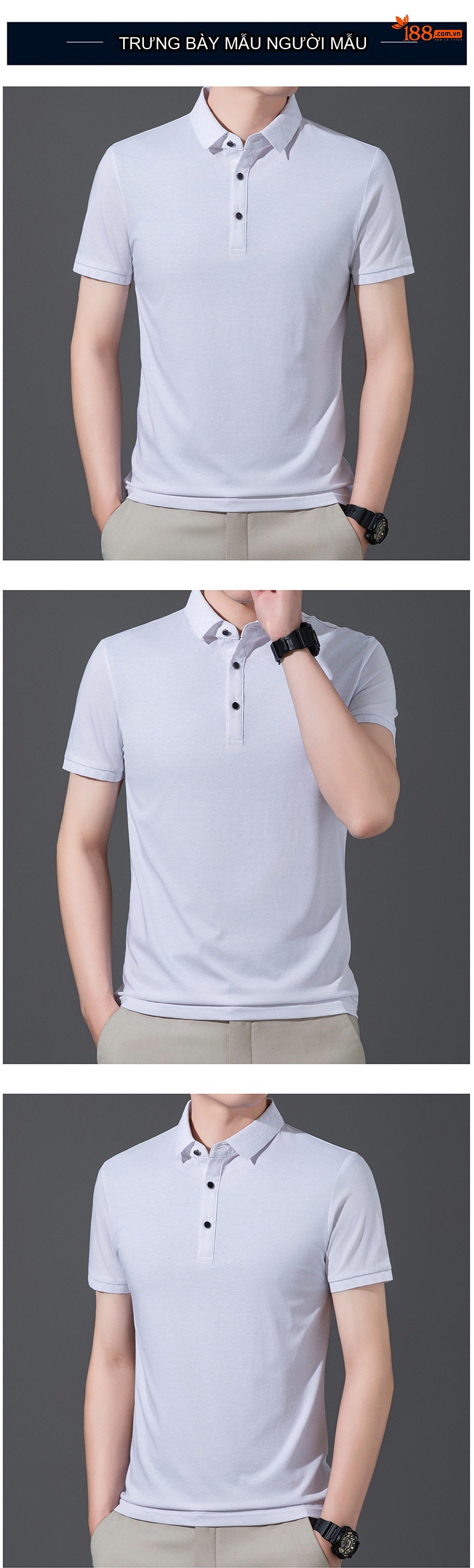 Áo Polo Nam Tay Ngắn Cotton Cổ Bẻ Màu Đen, Trắng, Nâu, Xám... chi tiết 5