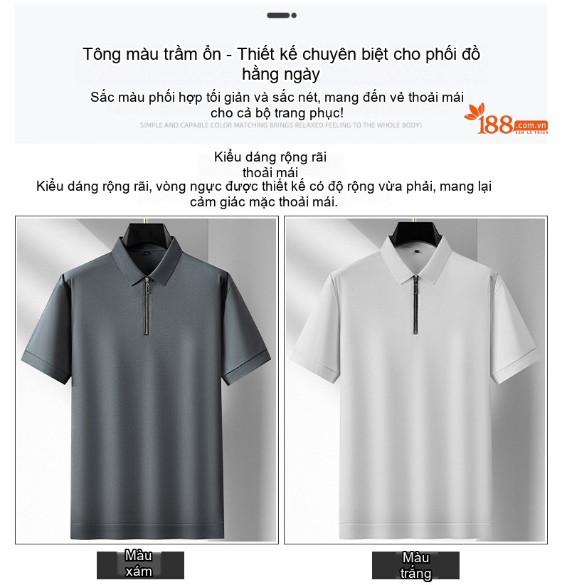 Áo Polo Nam Tay Ngắn Khóa Kéo Mỏng Cotton Mùa Hè Phong Cách Thể Thao Màu Đen, Xám, Trắng, Be... chi tiết 8