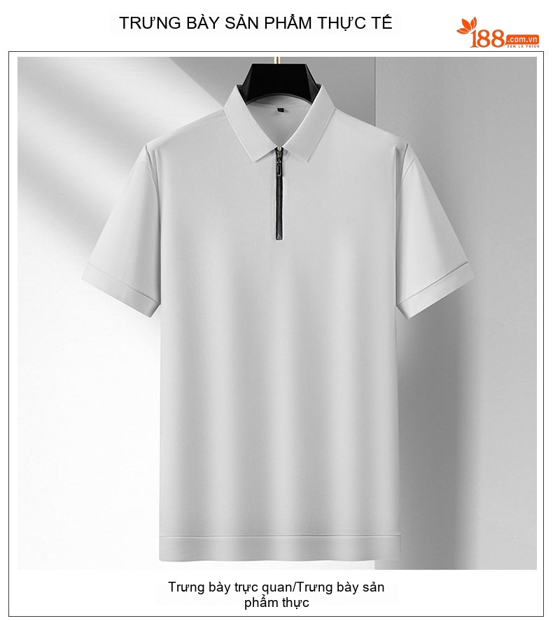 Áo Polo Nam Tay Ngắn Khóa Kéo Mỏng Cotton Mùa Hè Phong Cách Thể Thao Màu Đen, Xám, Trắng, Be... chi tiết 12