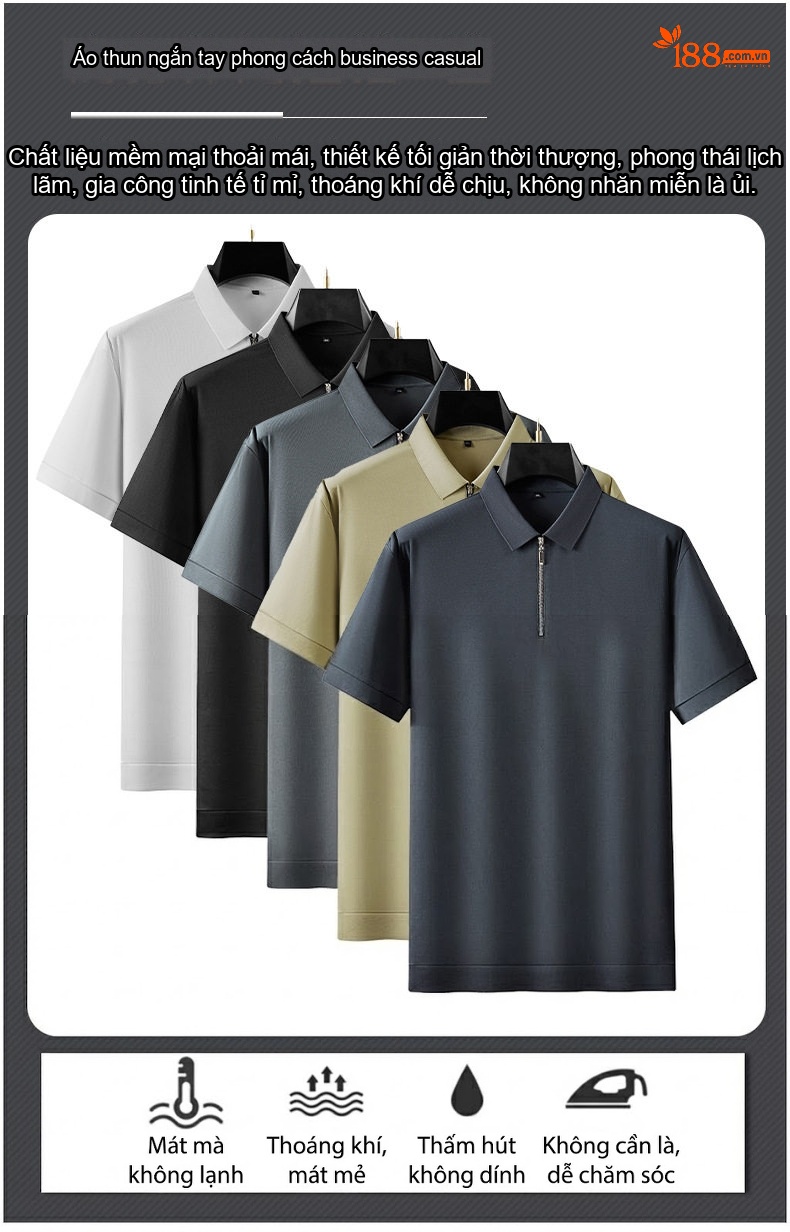 Áo Polo Nam Tay Ngắn Khóa Kéo Mỏng Cotton Mùa Hè Phong Cách Thể Thao Màu Đen, Xám, Trắng, Be... chi tiết 1