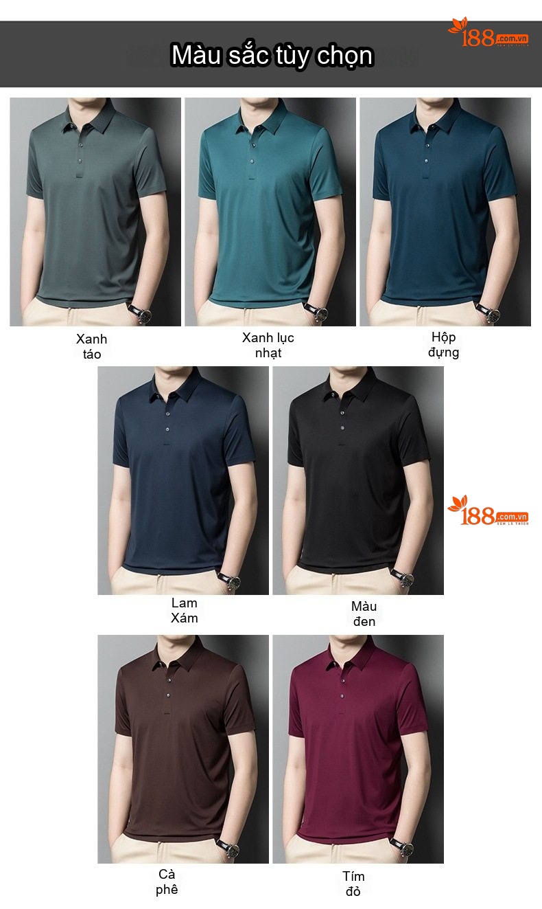 Áo Polo Nam Tay Ngắn Lụa Tằm Màu Đen, Đỏ Rượu Vang, Xanh, Nâu chi tiết 5