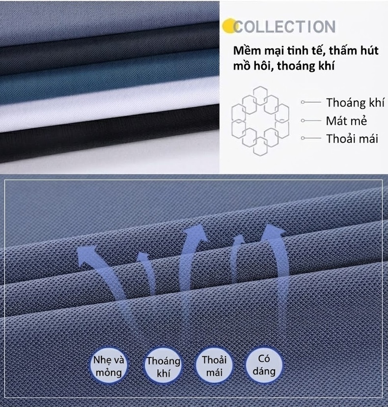 Áo Polo Nam Tay Ngắn Lụa Tằm Tơ Mát Lạnh Không Nhăn Màu Xanh, Trắng, Đen, Xám chi tiết 3