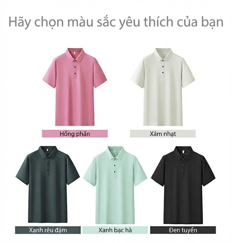 Áo Polo Nam Tay Ngắn Lụa Tơ Tằm Mùa Hè Thoải Mái Form Rộng Màu Đen, Xám, Xanh, Hồng... chi tiết 10