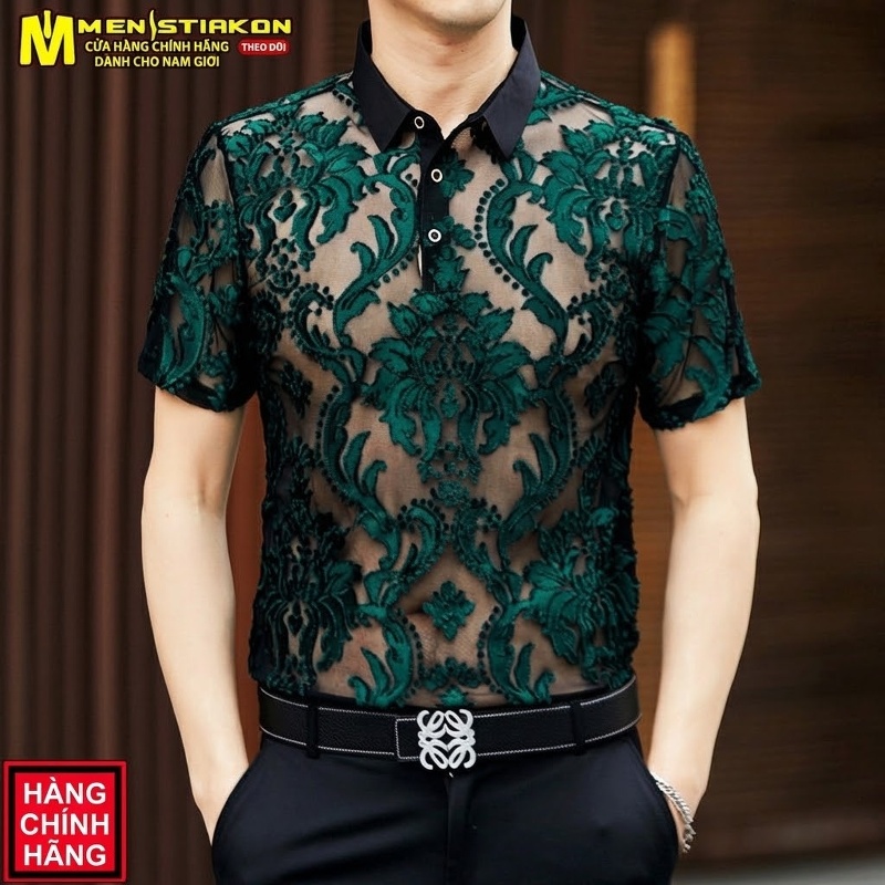 Áo Polo Nam Tay Ngắn Lưới Mỏng Họa Tiết Trung Niên Màu Đen, Xanh Dương, Xanh Lá, Xám