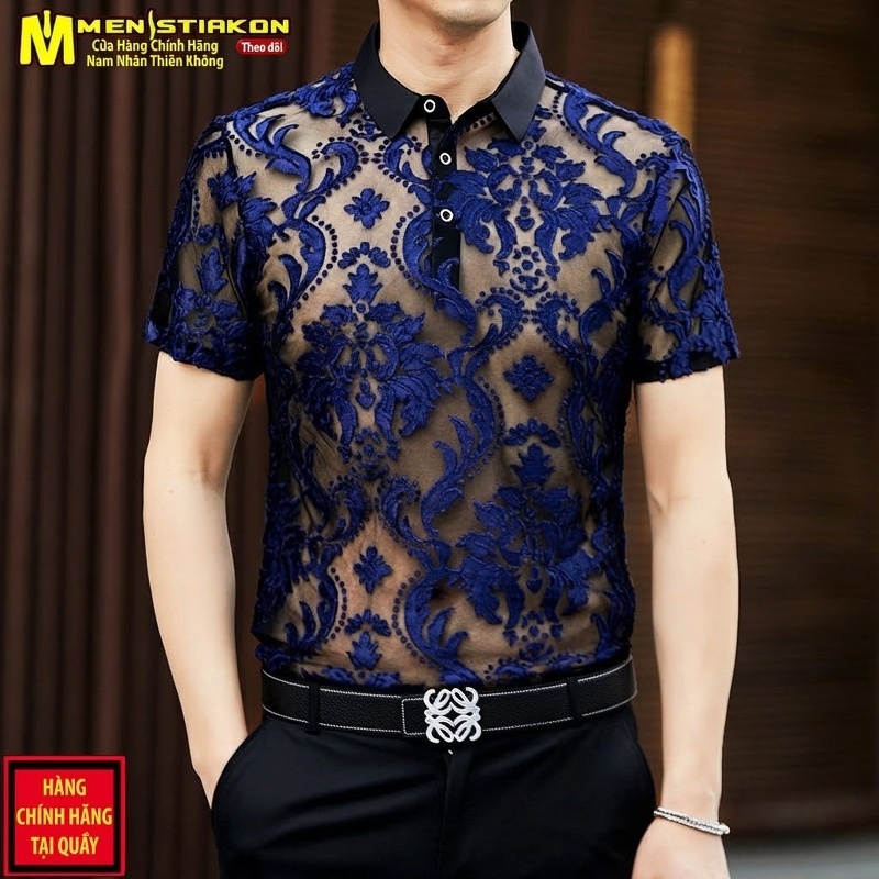 Áo Polo Nam Tay Ngắn Lưới Mỏng Họa Tiết Trung Niên Màu Đen, Xanh Dương, Xanh Lá, Xám