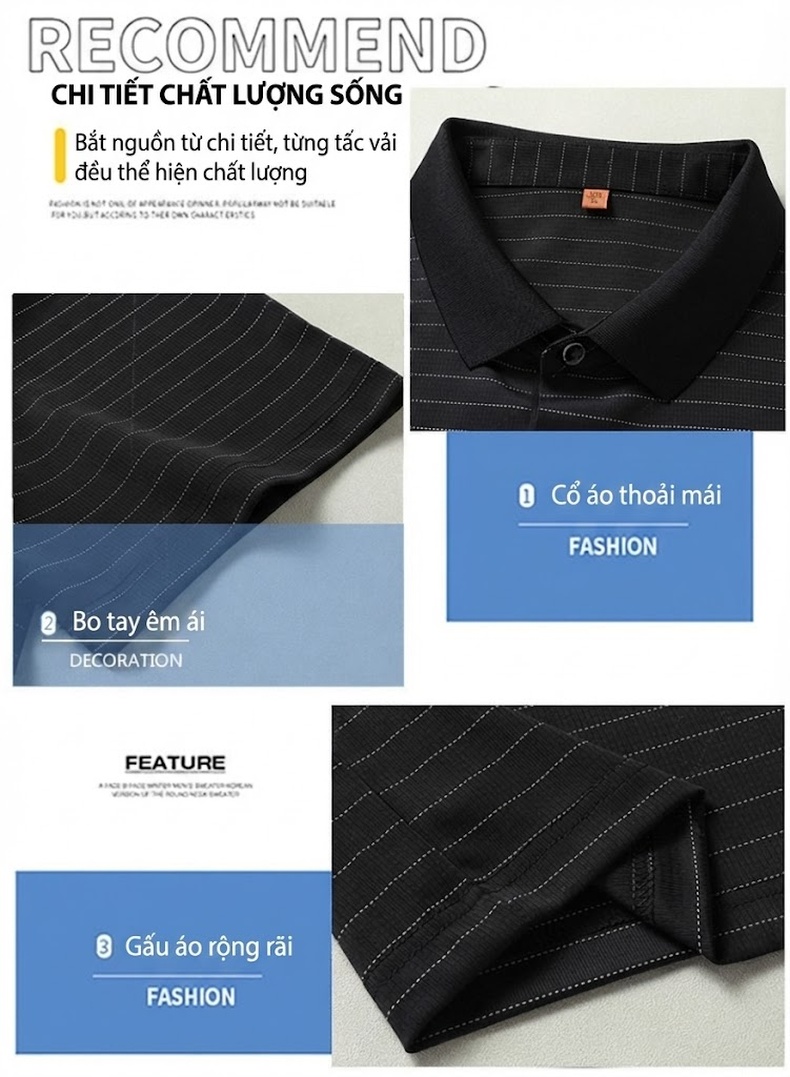 Áo Polo Nam Tay Ngắn Sọc Kẻ Cổ Bẻ Form Rộng Màu Đen, Xanh Navy chi tiết 7