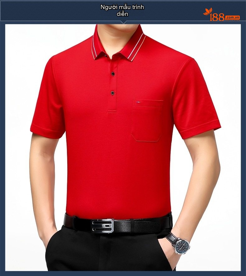 Áo Polo Nam Trung Niên Cotton Thoáng Mát Họa Tiết Túi Ngực Màu Xanh Navy, Đỏ chi tiết 5