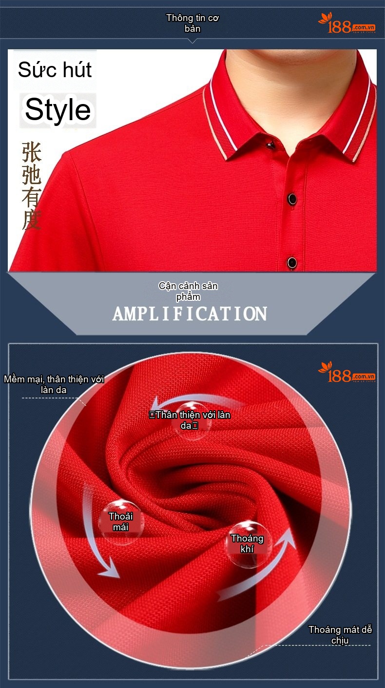 Áo Polo Nam Trung Niên Cotton Thoáng Mát Họa Tiết Túi Ngực Màu Xanh Navy, Đỏ chi tiết 2
