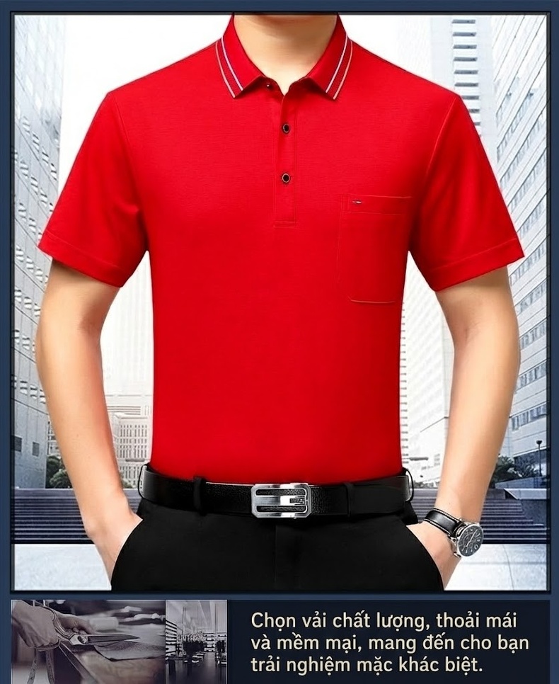 Áo Polo Nam Trung Niên Cotton Thoáng Mát Họa Tiết Túi Ngực Màu Xanh Navy, Đỏ chi tiết 1