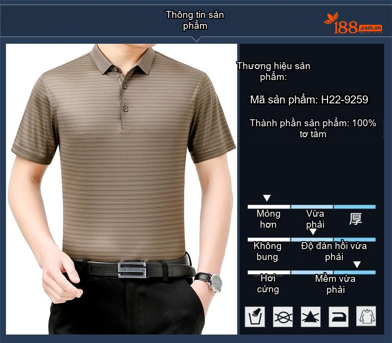 Áo Polo Nam Trung Niên Lụa Tằm Cao Cấp Tay Ngắn Họa Tiết Sọc Thời Trang Màu Xanh, Nâu chi tiết 3