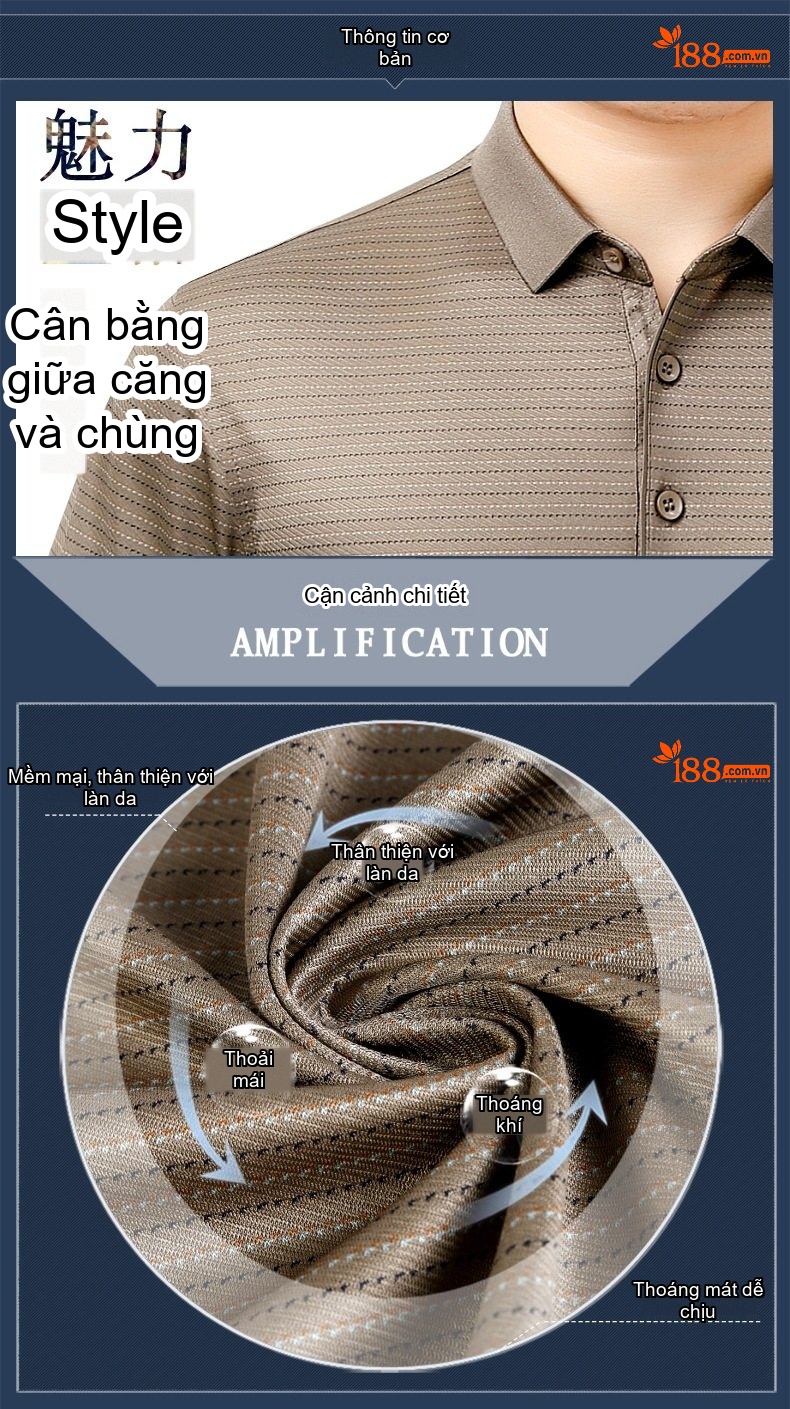 Áo Polo Nam Trung Niên Lụa Tằm Cao Cấp Tay Ngắn Họa Tiết Sọc Thời Trang Màu Xanh, Nâu chi tiết 2