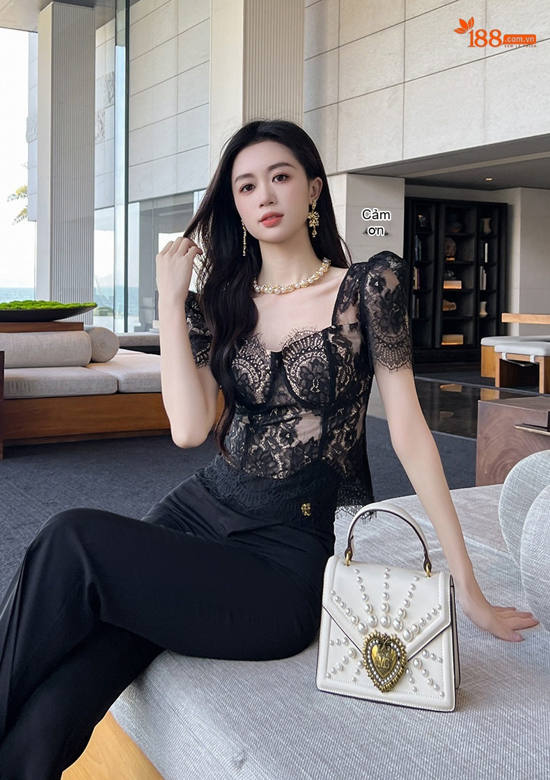 Áo Ren Nữ Ôm Dáng Cổ chữ Vuông Tay Ngắn Hở Vai Phong Cách Pháp Màu Đen chi tiết 13