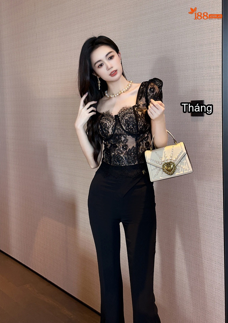 Áo Ren Nữ Ôm Dáng Cổ chữ Vuông Tay Ngắn Hở Vai Phong Cách Pháp Màu Đen chi tiết 15