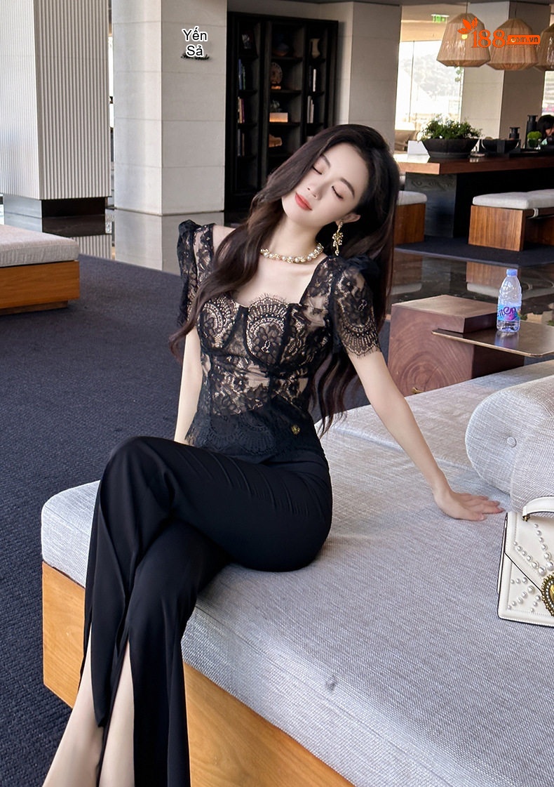 Áo Ren Nữ Ôm Dáng Cổ chữ Vuông Tay Ngắn Hở Vai Phong Cách Pháp Màu Đen chi tiết 20