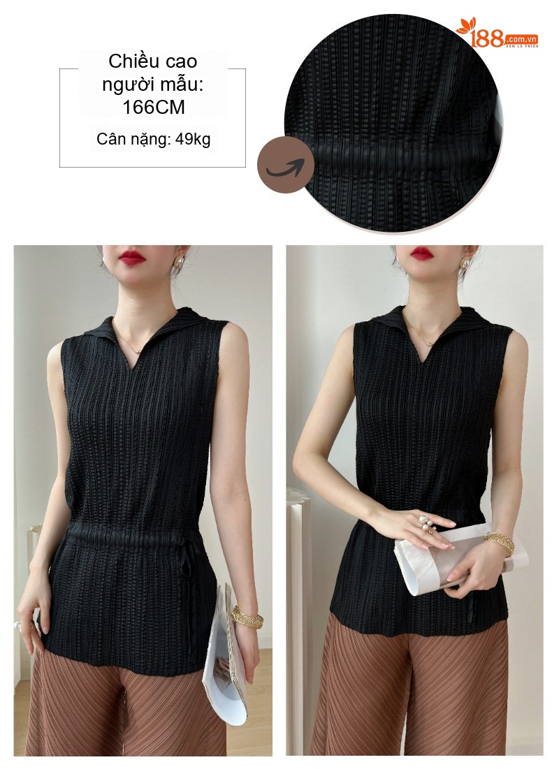 Áo Sát Nách Nữ Dệt Kim Thủ Công Eo Rút Dây Cổ Bẻ Form Rộng Màu Trắng Kem, Đen, Xám, Xanh... chi tiết 8