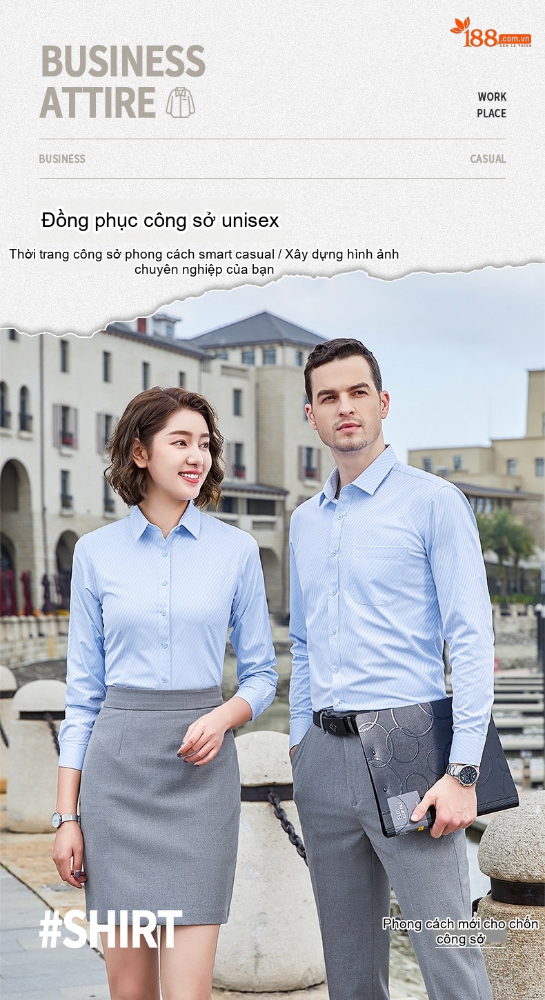 Áo Sơ Mi Dài Tay Đồng Phục Công Sở Thêu Logo Màu Trắng, Xám, Xanh Nhạt chi tiết 3